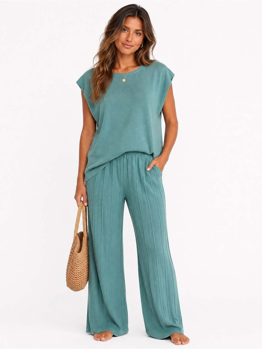 PrettyGarden XL Teal Knit Matching Set Wide Leg Pants Y2K Minimalist Coastal